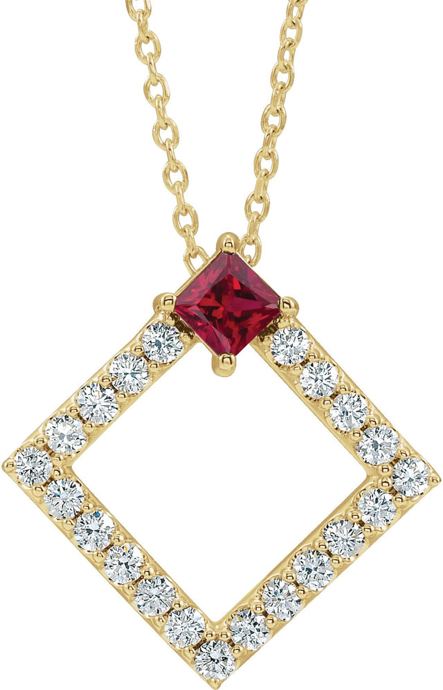 14K Gold Square Natural Ruby Accented Geometric Necklace or Pendant - Yellow Gold