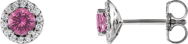14K Gold Natural Pink Sapphire Round 4-Prong Halo-Style Earrings - White Gold