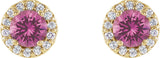 14K Gold Natural Pink Sapphire Round 4-Prong Halo-Style Earrings - Yellow Gold - view 2
