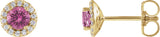 14K Gold Natural Pink Sapphire Round 4-Prong Halo-Style Earrings - Yellow Gold