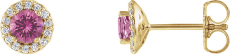 14K Gold Natural Pink Sapphire Round 4-Prong Halo-Style Earrings - Yellow Gold
