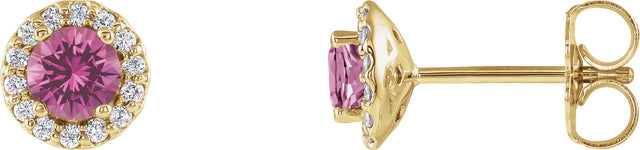 14K Gold Natural Pink Sapphire Round 4-Prong Halo-Style Earrings - Yellow Gold