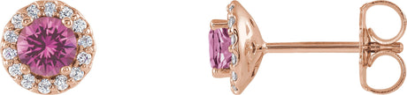 14K Gold Natural Pink Sapphire Round 4-Prong Halo-Style Earrings - Rose Gold