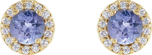 14K Gold Natural Tanzanite Round 4-Prong Halo-Style Earrings - Yellow Gold - view 2