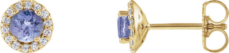 14K Gold Natural Tanzanite Round 4-Prong Halo-Style Earrings - Yellow Gold