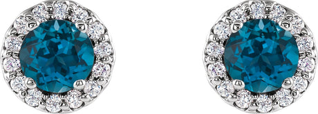 Platinum Natural London Blue Topaz Round 4-Prong Halo-Style Earrings - view 2