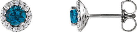 Platinum Natural London Blue Topaz Round 4-Prong Halo-Style Earrings