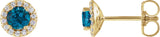 14K Gold Natural London Blue Topaz Round 4-Prong Halo-Style Earrings - Yellow Gold
