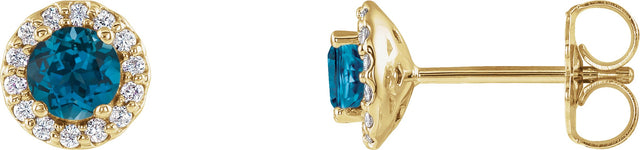14K Gold Natural London Blue Topaz Round 4-Prong Halo-Style Earrings - Yellow Gold