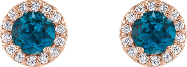 14K Gold Natural London Blue Topaz Round 4-Prong Halo-Style Earrings - Rose Gold - view 2