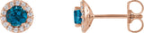 14K Gold Natural London Blue Topaz Round 4-Prong Halo-Style Earrings - Rose Gold