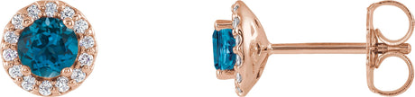 14K Gold Natural London Blue Topaz Round 4-Prong Halo-Style Earrings - Rose Gold