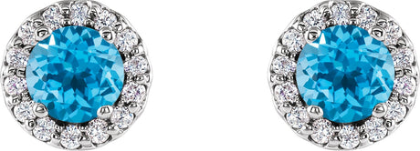 Platinum Natural Swiss Blue Topaz Round 4-Prong Halo-Style Earrings - view 2