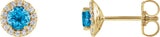 14K Gold Natural Swiss Blue Topaz Round 4-Prong Halo-Style Earrings - Yellow Gold