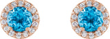 14K Gold Natural Swiss Blue Topaz Round 4-Prong Halo-Style Earrings - Rose Gold - view 2