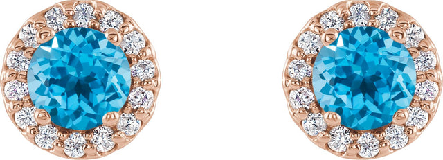 14K Gold Natural Swiss Blue Topaz Round 4-Prong Halo-Style Earrings - Rose Gold - view 2