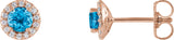 14K Gold Natural Swiss Blue Topaz Round 4-Prong Halo-Style Earrings - Rose Gold