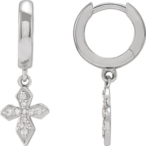 14K Gold Round Natural Diamond Cross Hoop Earrings - White Gold