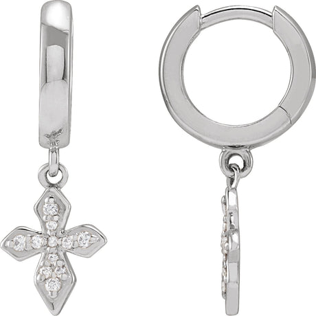 14K Gold Round Natural Diamond Cross Hoop Earrings - White Gold