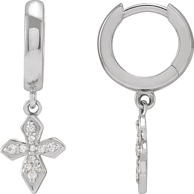 14K Gold Round Natural Diamond Cross Hoop Earrings - White Gold