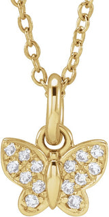 14K Gold Round Natural Diamond Youth Butterfly Necklace - Yellow Gold