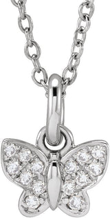 14K Gold Round Natural Diamond Youth Butterfly Necklace - White Gold