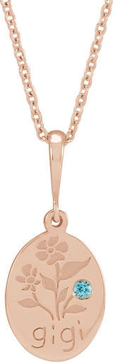 14K Gold Round Natural Blue Zircon Gigi Necklace or Pendant - Rose Gold