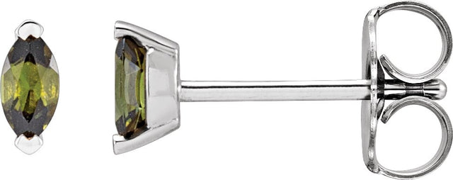 Platinum Marquise Natural Green Tourmaline Solitaire V-Prong Stud Earrings