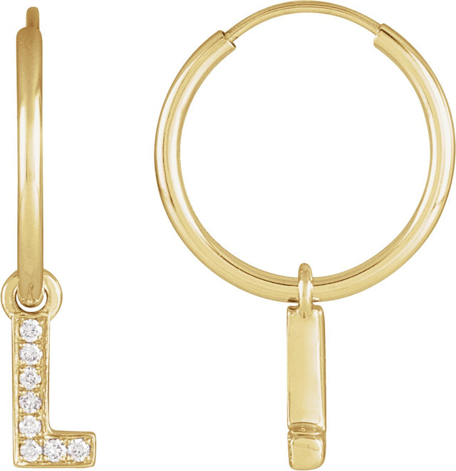 14K Gold Round Natural Diamond Initial Hoop Earrings - Yellow Gold