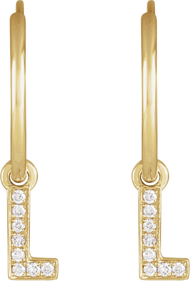 14K Gold Round Natural Diamond Initial Hoop Earrings - Yellow Gold - view 2