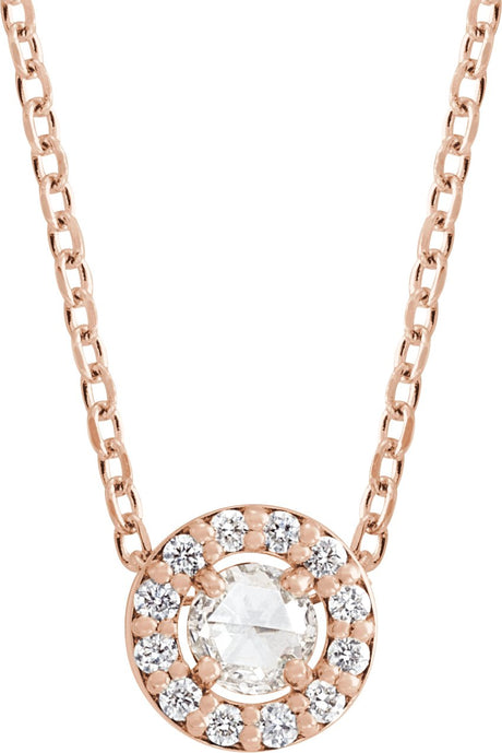 14K Gold Round Natural Diamond Halo-Style Rose-Cut Necklace or Pendant - Rose Gold