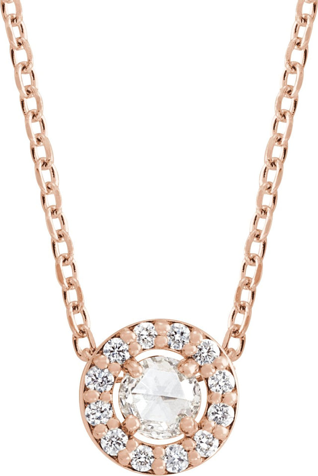 14K Gold Round Natural Diamond Halo-Style Rose-Cut Necklace or Pendant - Rose Gold