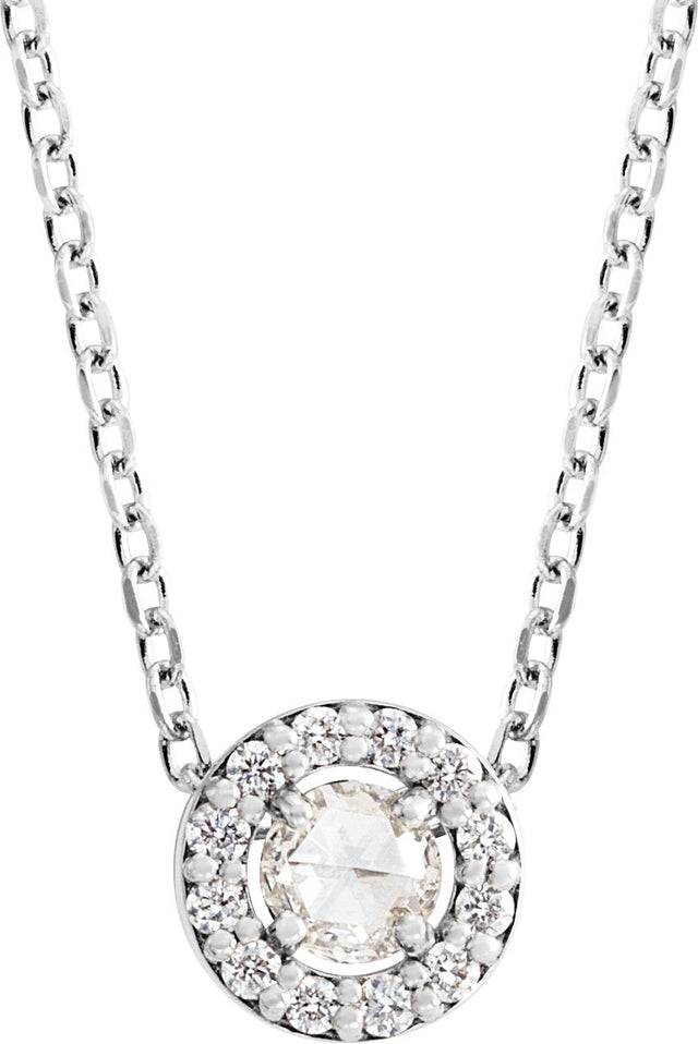 14K Gold Round Natural Diamond Halo-Style Rose-Cut Necklace or Pendant - White Gold