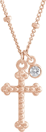 14K Gold Round Natural Diamond Accented Beaded Cross Necklace - Rose Gold