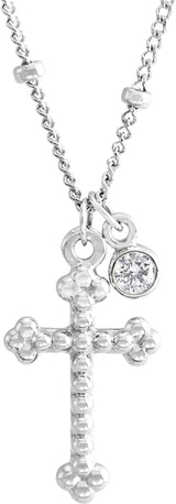 14K Gold Round Natural Diamond Accented Beaded Cross Necklace - White Gold
