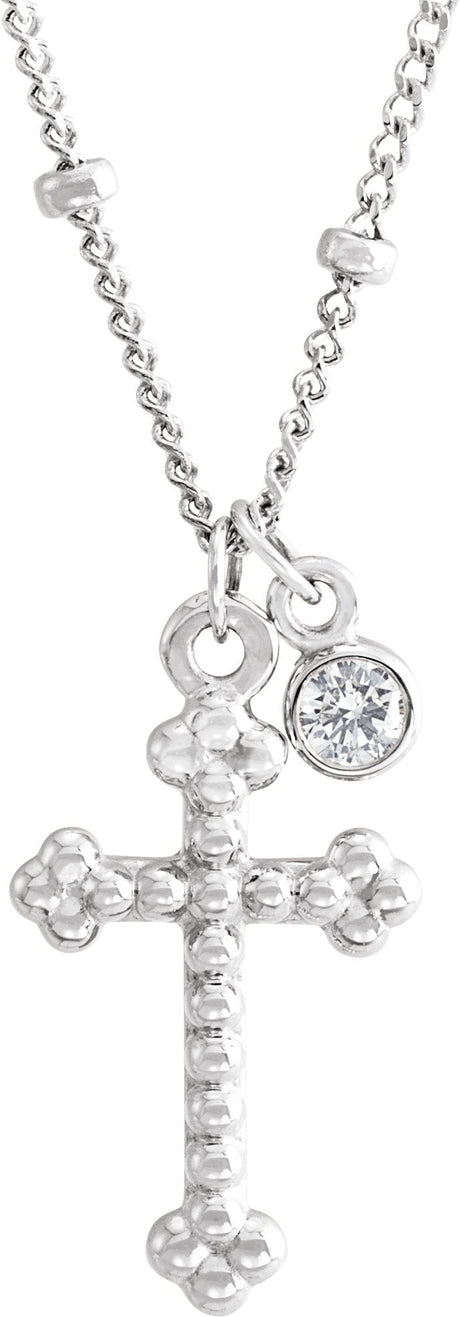 14K Gold Round Natural Diamond Accented Beaded Cross Necklace - White Gold