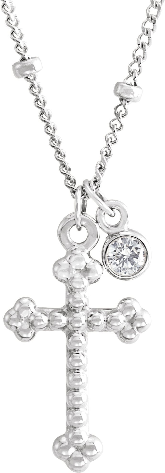 14K Gold Round Natural Diamond Accented Beaded Cross Necklace - White Gold
