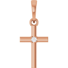 14K Gold Round Natural Diamond Cross Necklace or Pendant – up to 0.015 CTW - Rose Gold
