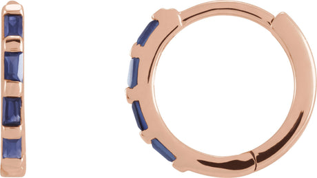 14K Gold Straight Baguette Natural Blue Sapphire Baguette Huggie Earrings - Rose Gold