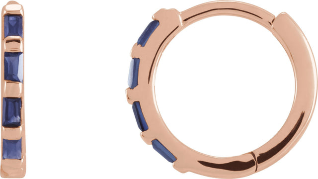 14K Gold Straight Baguette Natural Blue Sapphire Baguette Huggie Earrings - Rose Gold