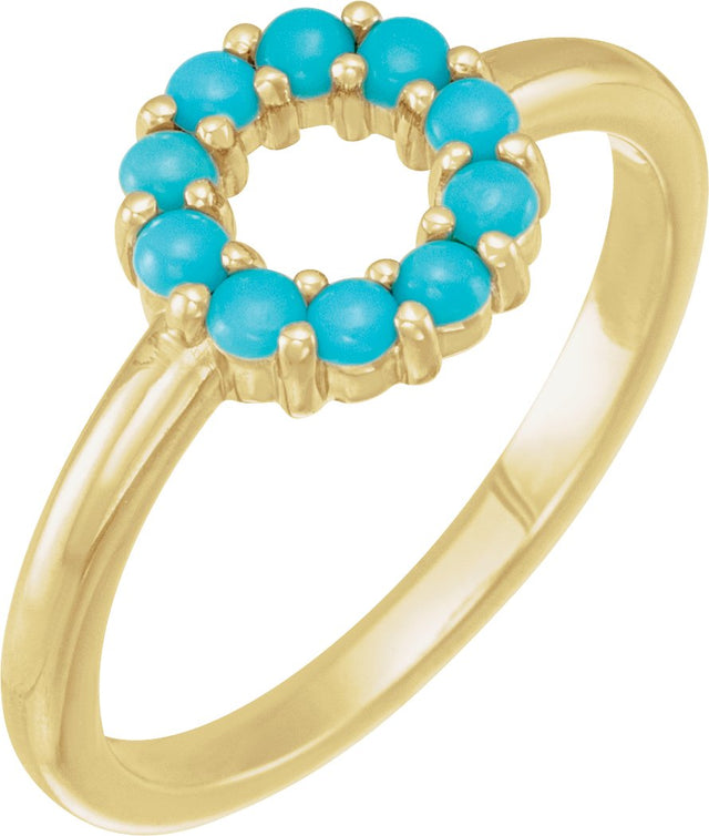 14K Gold Round Natural Turquoise Cabochon Halo-Style Ring - Yellow Gold