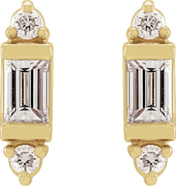 14K Gold Straight Baguette Natural Diamond Accented Earrings - Yellow Gold - view 2