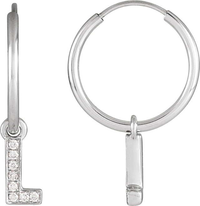 14K Gold Round Natural Diamond Initial Hoop Earrings - White Gold