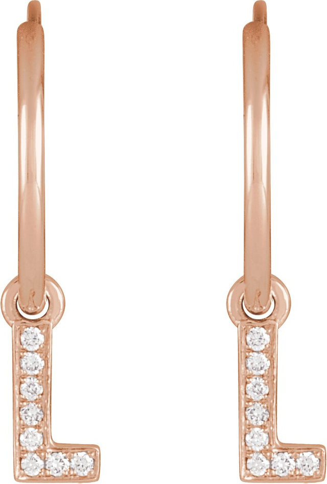 14K Gold Round Natural Diamond Initial Hoop Earrings - Rose Gold - view 2