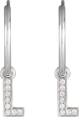 14K Gold Round Natural Diamond Initial Hoop Earrings - White Gold - view 2