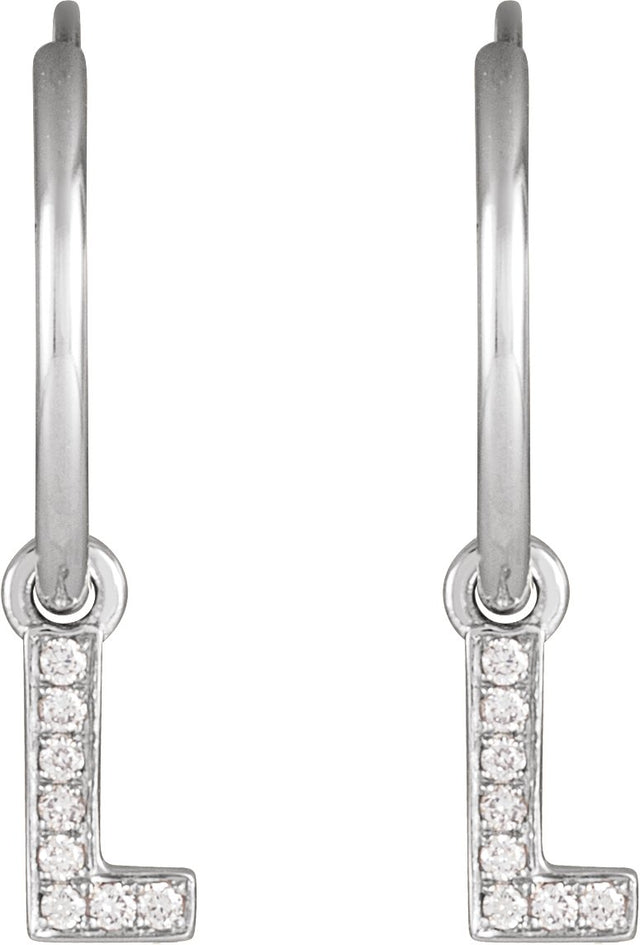 14K Gold Round Natural Diamond Initial Hoop Earrings - White Gold - view 2