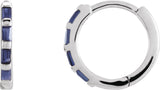 14K Gold Straight Baguette Natural Blue Sapphire Baguette Huggie Earrings - White Gold