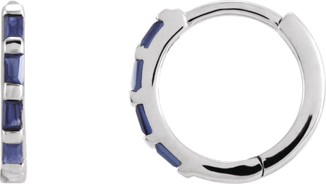 14K Gold Straight Baguette Natural Blue Sapphire Baguette Huggie Earrings - White Gold