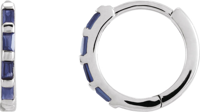 14K Gold Straight Baguette Natural Blue Sapphire Baguette Huggie Earrings - White Gold