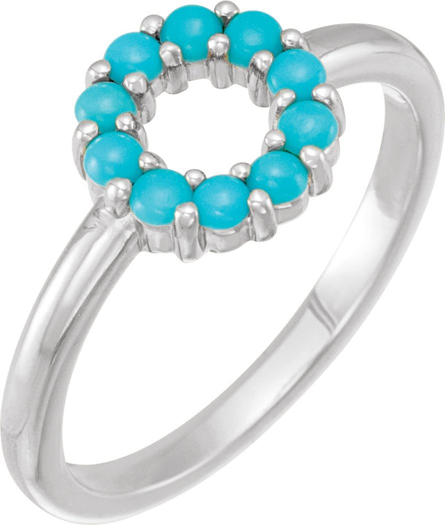 14K Gold Round Natural Turquoise Cabochon Halo-Style Ring - White Gold